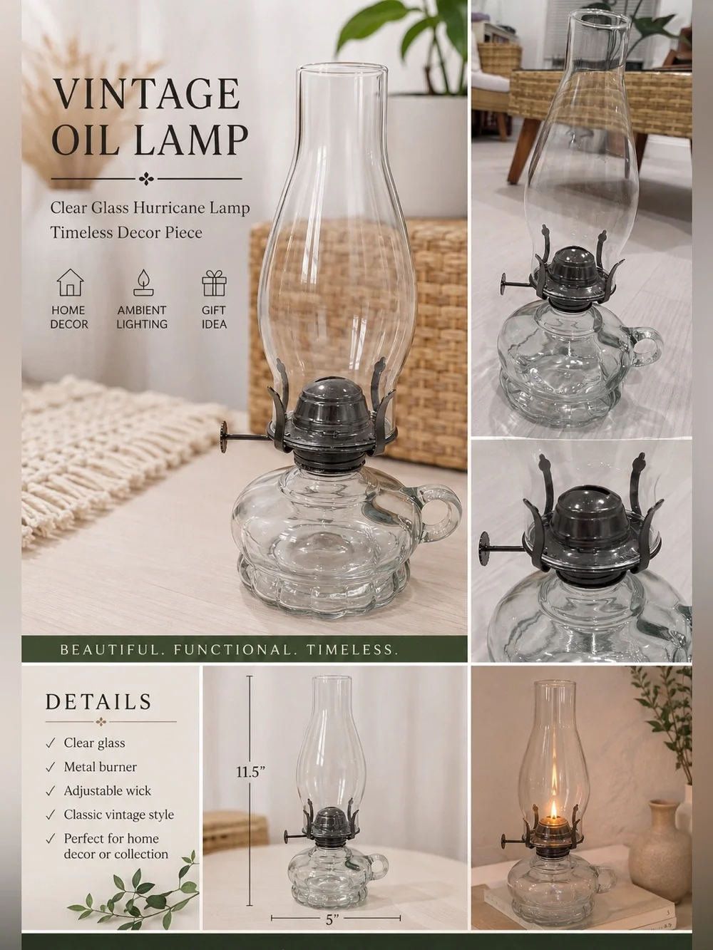 Vintage Clear Glass Oil Lamp - Classic Home Accent